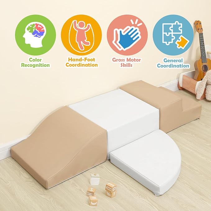 4-Piece Soft PU Leather Toddlers Climbing Toys, Baby Foam Climbing Blocks for Toddlers 3, Foam Play Gym Climbing Structures, Indoor Climb and Crawl Activity Play Set (White and Coffee)