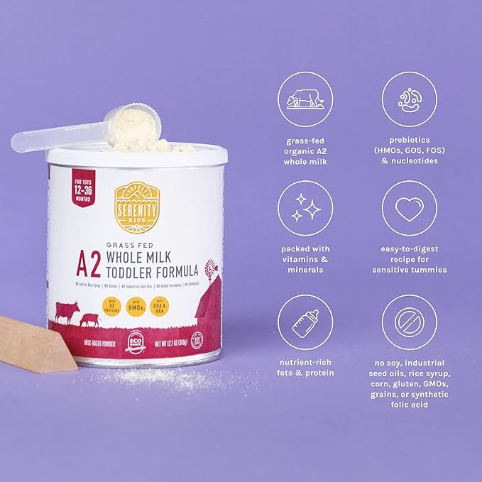 Serenity Kids 12+ Months Toddler Formula with Grass-Fed A2 Milk Powder - Organic Powdered Milk - Easy to Digest & Prebiotic Boost - DHA & ARA Support - 12.7 Oz, 6 Pack
