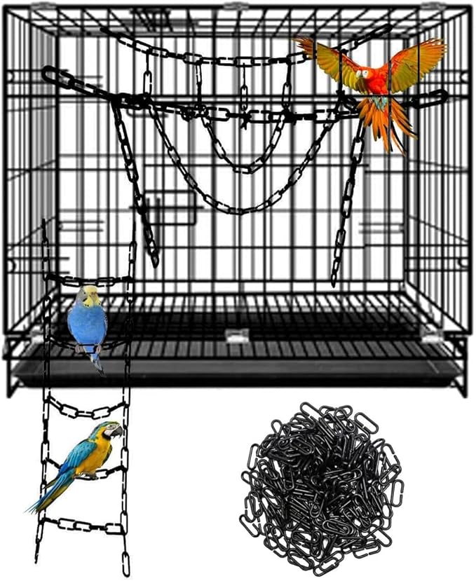 600-Piece Black Plastic Chain Links & Toys - Interlocking C-Clip Bird Cage Accessories for Parakeets, Sugar Gliders, Small Pets (Climbing/Swinging Toys)