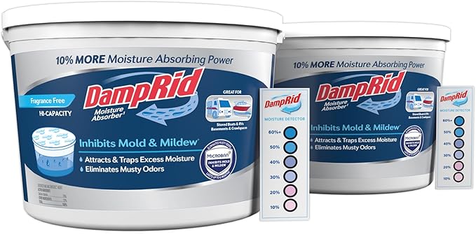 DampRid Hi-Capacity Moisture Absorber Bucket, Fragrance Free, 2 lb. 15.5 oz. & Moisture Detection Strip (2 Pack), Attracts & Traps Excess Moisture