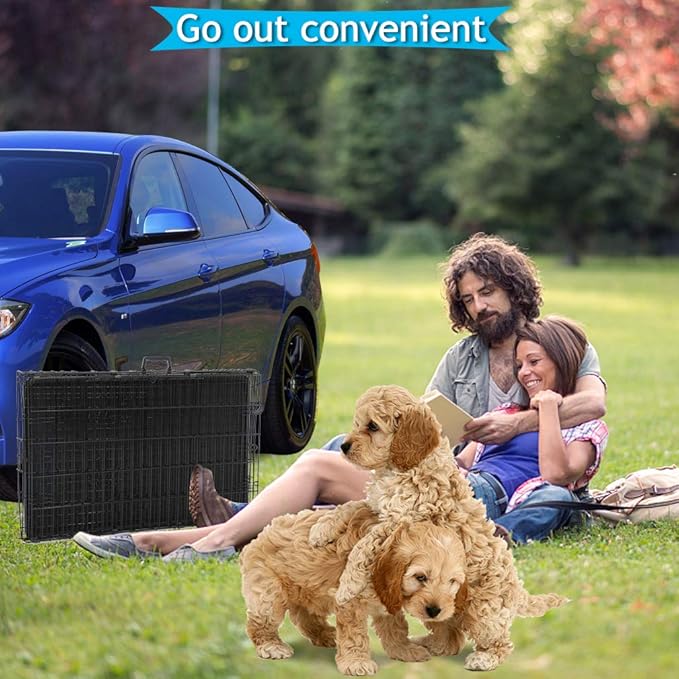 Dog Crate for Large Medium Small Dogs, Folding Dog Kennel Cage with Plastic Tray & Divider 48"/42"/ 36"/ 30"/ 24" Indoor Outdoor Metal Double Door Heavy Duty Dog Pen Enclosure, Black(24 Inch)
