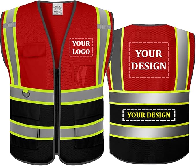 BeautyWill Custom Safety Vest Customized Logo Mesh Vest Class2 High Visibility Reflective Vest with Pockets Workwear（Red Black，XXL ）