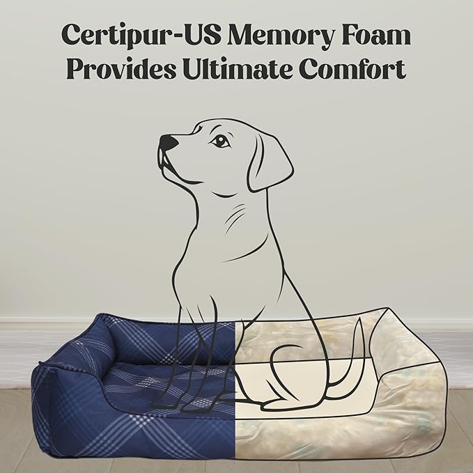 Orthopedic Bolster Dog Bed – CertiPUR-US Foam, Recycled Polyester Canvas, Washable Cover, Anti-Slip Bottom, Medium, Navy Plaid – Stylish Designer Dog Sofa