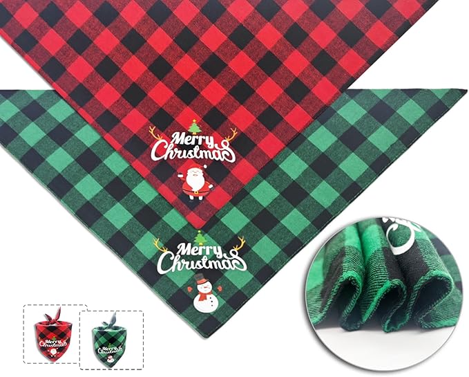 Christmas Dog Bandanas 2PCS-Small,Classic Plaid Triangle Holiday Scarf with Santa and Snowman Prints,Winter Pet Outfit for Boys and Girls,Red Green Plaid Dog Costume for Small Dogs and Cats