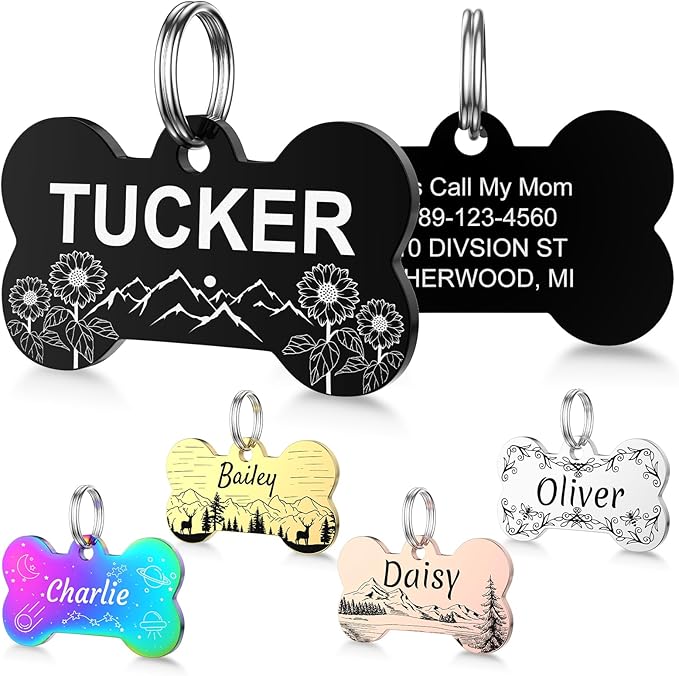 YEHANTI Dog Tags Personalized for Pets with Name Pattern Art Design - Engraved with Laser - Stainless Steel Cats Dogs ID Tags - Stylish Dog Collar Accessories (Bone)