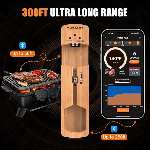 INSMART Wireless Smart Meat Thermometer,330FT Bluetooth Range,100% Waterproof,Precision Cooking Grilling,Multi Sensors,for BBQ,Oven,Grill,Kitchen,Smoker, Rotisserie Turkey Beef/iOS & Android App