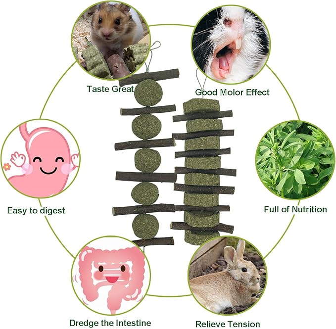 Rabbits Bunny Chew Toys Treats Natural Wood Timothy Hay Grass Cakes Balls Chew Toys Treats for Hamster Chinchilla Guinea Pigs 2pcs