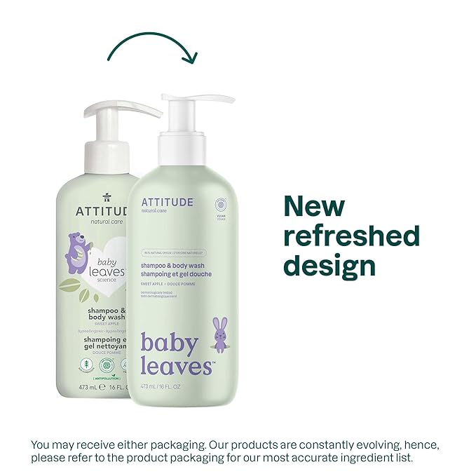 ATTITUDE 2-in-1 Baby Hair Shampoo and Body Wash, EWG Verified, Plant- and Mineral-Based Ingredients, Hypoallergenic Vegan and Cruelty-Free, Sweet Apple, 16 Fl Oz (Pack of 6) (16614)