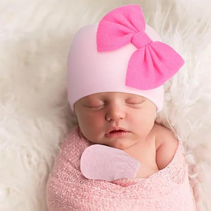 BQUBO Newborn Baby Hats Mittens Set Hospital Hat Beanie Infant Bow Hats Baby Gloves No Scratch Mittens for 0-6 Months