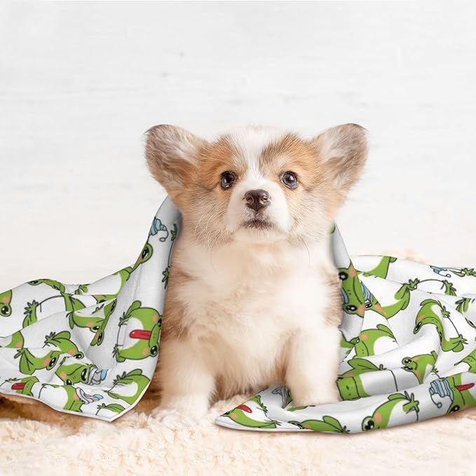Reversible Plush Throw for Dogs and Cats, Cute Frog, Double Sided Blanket with Nubby Dot Side and Sleek Side Ideal for Cuddling Nesting Security