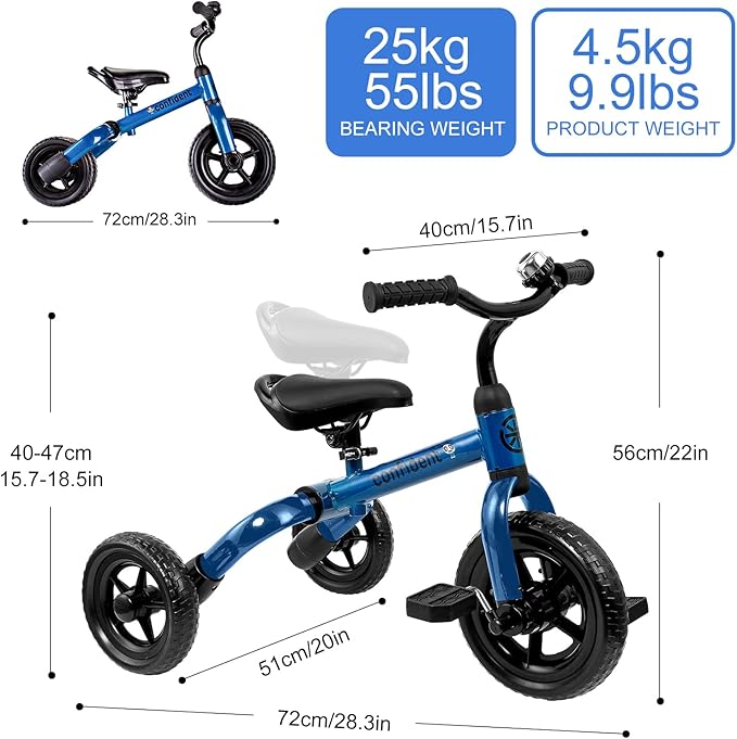 Ancaixin 3 in 1 Toddler Tricycles for 2-5 Years Old Boys and Girls with Detachable Pedal and Bell, Foldable Baby Balance Bike Riding Toys for 2+ Kids, Child Birthday Christmas New Year Gift Blue