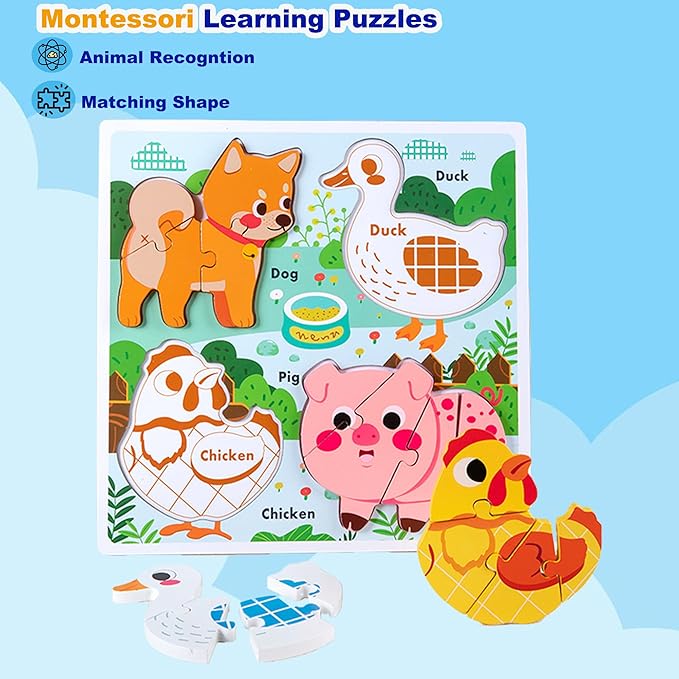 Wooden Animal Puzzles for Toddlers 1-3,Wood Puzzles Ages 2-4, Toys for 2 3 Years Old Girls Boys,Montessori Toddler Toys 2-3 Preschool Learning Educational Gifts