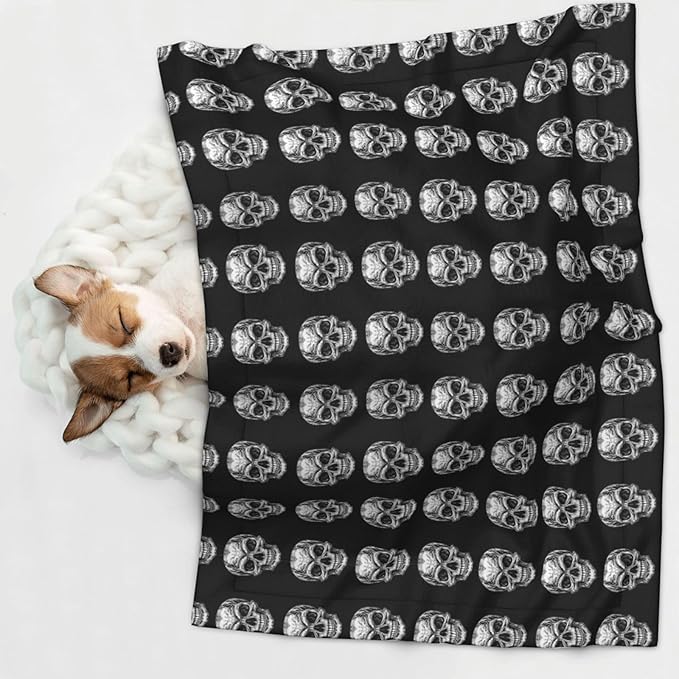 Pet Blanket for Indoor Outdoor Use, Black Skull Head, Two Sided Reversible Plush Mat with Bumpy Dot Texture for Patios Crates Portable Bed Companion