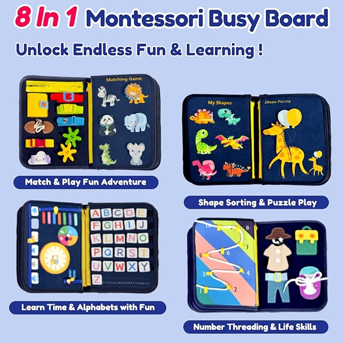 Qizfun Busy Board Book Montessori Toys for 1 2 3 4 Year Old, Boy Birthday Gifts, Educational Sensory Learning Toys for Toddlers 1-3, Car Airplane Travel Activities for Kids Ages 2-4 Year Old
