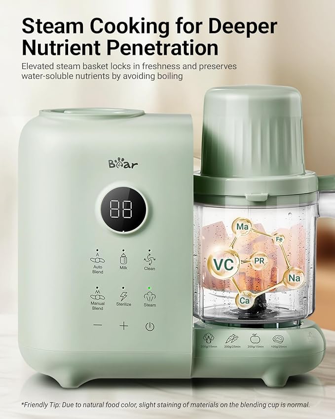 Bear Baby Food Maker with Two Layer Steam Baskets, Multifunction Baby Food Processor Steamer Puree Blender, Baby Food Mill with Bottle Warming Sterili-zing Auto Cleaning Function, BPA-Free