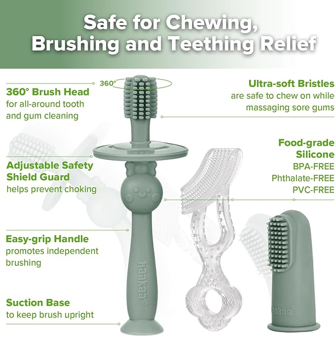 haakaa Training Toothbrush Set Oral Care Kit, Soft Silicone Toothbrush for Baby, Infants, Toddlers & Kids, Pea Green