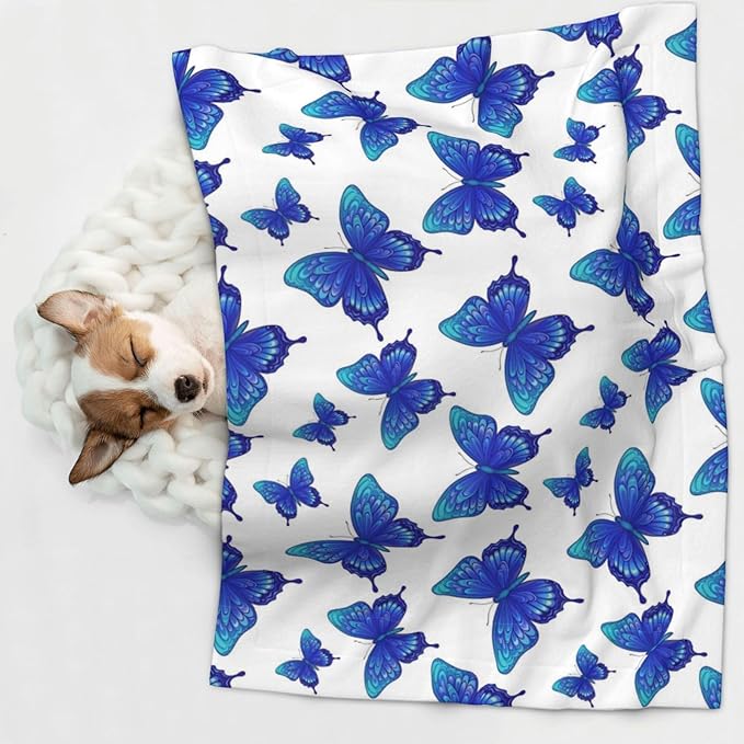 Double Sided Pet Throw for Dogs Who Shed, Butterflies Blue Purple, Reversible Blanket with Nubby Dot Side Catches Loose Fur for Easier Furniture Cleanup