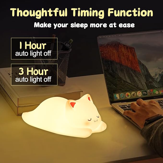 LOVERUIS Cute Night Light for Kids Cat Night-Light Baby Girl Squishy NightLight 1/3 Hour Timer Kitty Light Dimmable Nursery Lamp Colorful Nightlight Gift for Kid Toddler Kawaii Bedroom (Mimi)