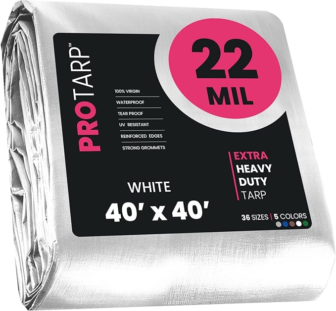 PROTARP Extreme Heavy Duty 22 Mil Tarp Cover, Waterproof, UV Resistant, Rip and Tear Proof, Poly Tarpaulin with Reinforced Edges for Roof, Camping, Patio, Pool, Boat. (White 40′ X 40′)