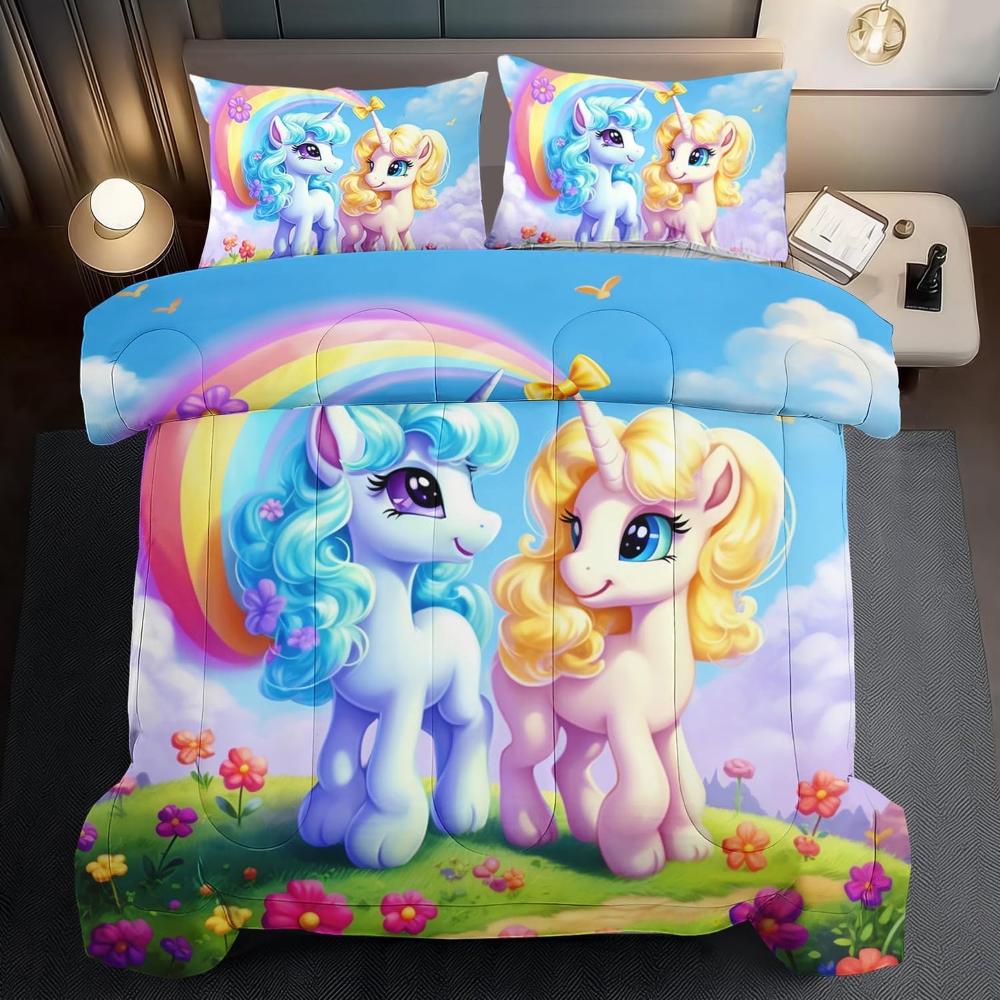 Unicorn Comforter Set Queen,Kawaii Unicorn Bedding Set Queen Kids,Rainbow Comforter Blue Bedroom Decor,Cute Animal Bedding Rainbow Bed Decor for Girls,Cartoon Blue Floral Quilt