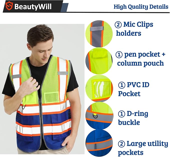 BeautyWill Custom Safety Vest Customized Logo Mesh Vest Class2 High Visibility Reflective Vest with Pockets Blue workwear（Yellow Blue，XXL ）