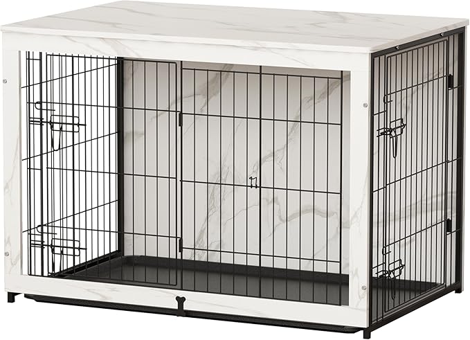 Megidok Wooden Dog Crate Furniture with Cushion,Large Dog Crate End Table with Tray, Double Doors Kennels Indoor (37" L*25" W*26" H, Marble White)