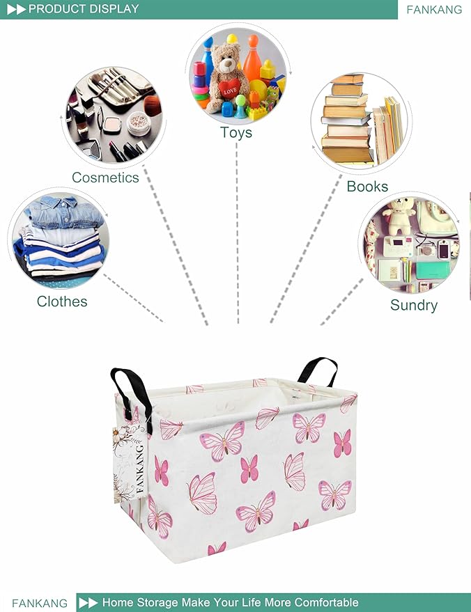 FANKANG Storage Bins, Nursery Hamper Canvas Laundry Basket Foldable with Waterproof PE Coating Large Storage Baskets for Kids Boys and Girls, Office, Bedroom, Clothes,Toys(Rec-pink butterfly