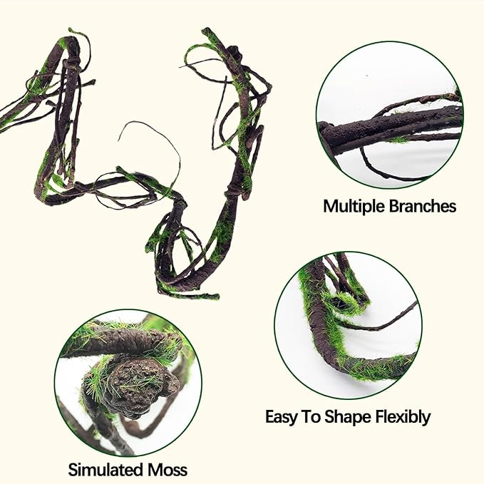 BNOSDM Reptile Bend-A-Branch Vines with Moss,Bendable Reptile Jungle Vines,Bearded Dragon Climbing Plants Tank Accessories,Pet Habitat Decor for Chameleon Geckos Snakes Lizards Frogs