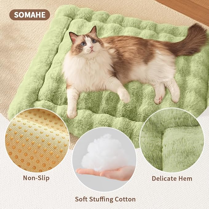 Cat Bed Plush Puppy Pad Mat with Non-Slip Bottom Faux Fur Kitten Beds for Carriers/Floor Dog Friendly 23 x 15 Inch Medium Green