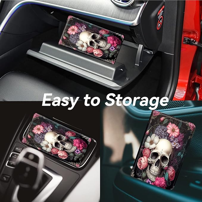 Car Registration & Insurance Holder, Leather Glove Box Organizer, Cool Accessories for ID, Driver's License Cards & Essential Documents, Men & Women's Business Cards, Rose Skull Flower