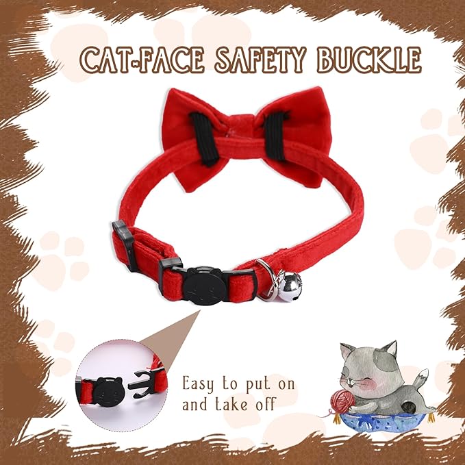 Sliverdew 2 Pcs Safety Cat Collar with Bell Breakaway Bow Tie Cat Collar Adjustable Velvet Kitten Collars Small Puppy Bowtie Collar for Wedding Birthday Party