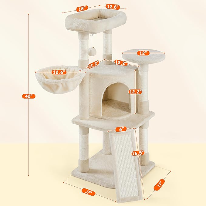 Yaheetech Cat Tree, 42in Play Tower for Indoor Cats, Kitten House with Large Perch & Scratching Posts & Cozy Condo & Scratching Ramp, Cat Furniture Activity Center, Beige