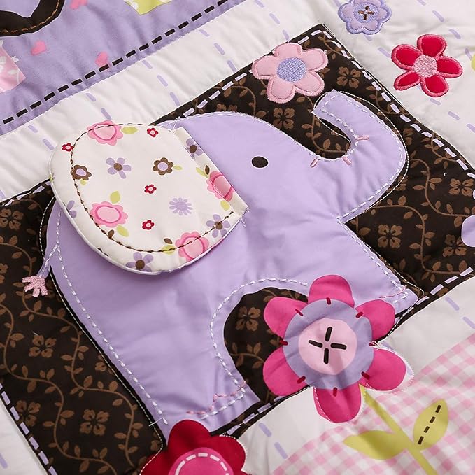 Brandream Crib Bedding Set 3 Pieces Purple Baby Girls Cotton Patchwork Flowers Elephant Owl Nursery with Ruffle Design, Princess Lovely Cute Breathable Healthy