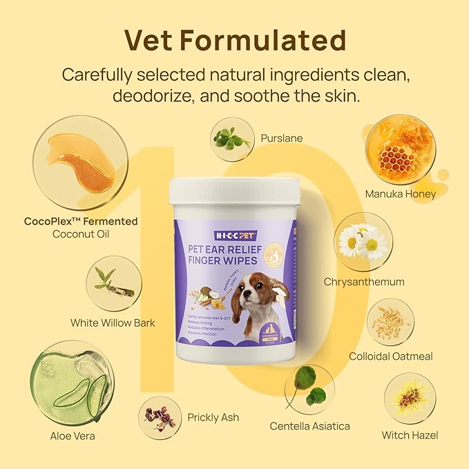 HICC PET Ear Cleaner Wipes for Dogs & Cats, Vet-Recommended Dog Ear Infection Treatment to Relief Itching & Inflammation, Remove Wax, Dirt & Stop Smelly, Cleaning Deodorizing Wipes 100ct(Honey Scent)