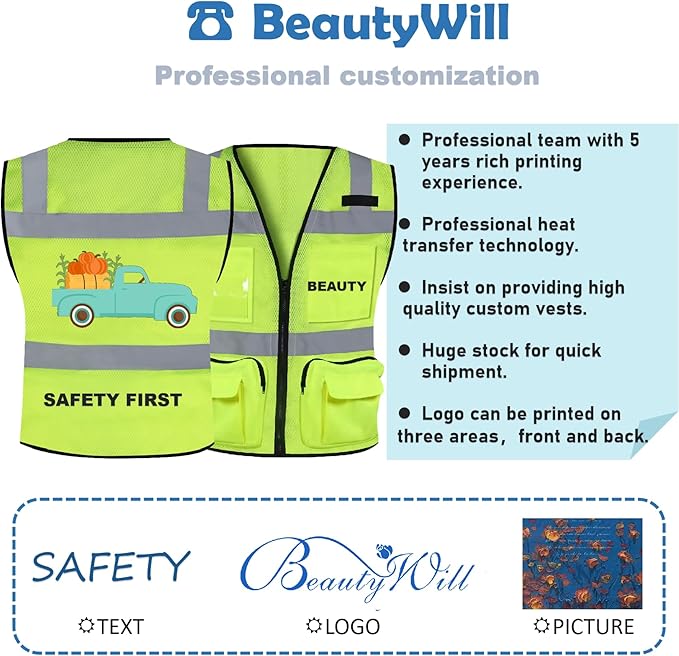 BeautyWill Custom Logo 10 Pack Safety Vest High Visibility Reflective Vest Customized Logo Utility Zipped Pockets Construction Workwear （Yellow,XL）