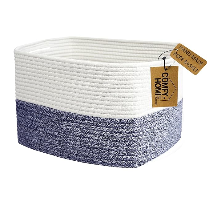 COMFY-HOMI Medium Cotton Rope Basket With Handles for Shelves|Dog Toy|Baby Gift Basket Empty for Organizing|NEW Generation 13.5" x 11" x 9.5" Living Room (Navy Blue)