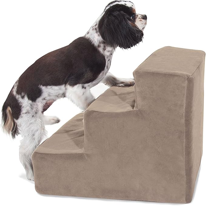 Majestic Pet 3 Step Portable Dog Stairs for Small Dogs to get on Bed Supports 250 lbs or Less – Dog Steps for High Bed with Machine Washable Cover –Pet Stairs for Cats Suede Stone
