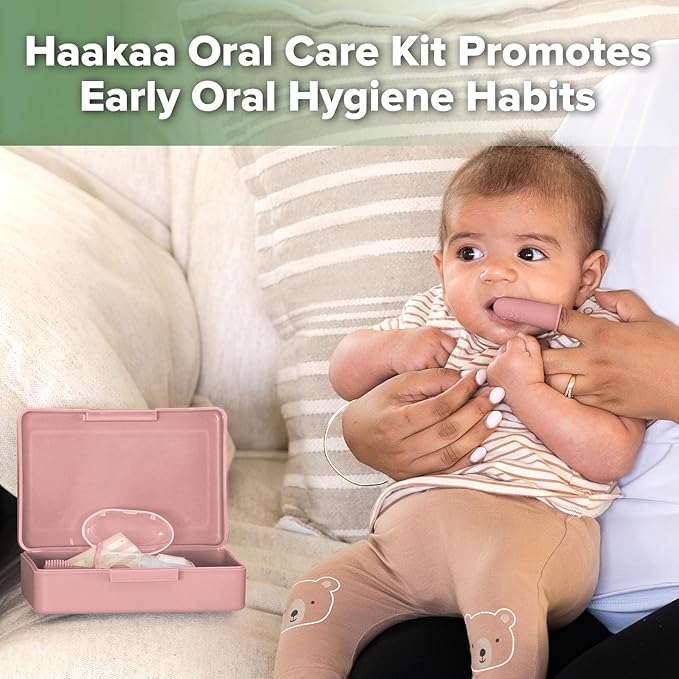 haakaa Training Toothbrush Set Oral Care Kit, Soft Silicone Toothbrush for Baby, Infants, Toddlers & Kids, Blush