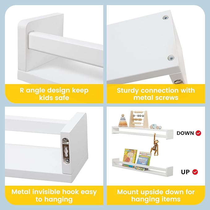 Fun Memories Nursery Book Shelves - Rustic Natural Solid Wood Floating Bookshelf for Kids - Wall Book Shelves for Kids Room (White, 32inch - 4P)
