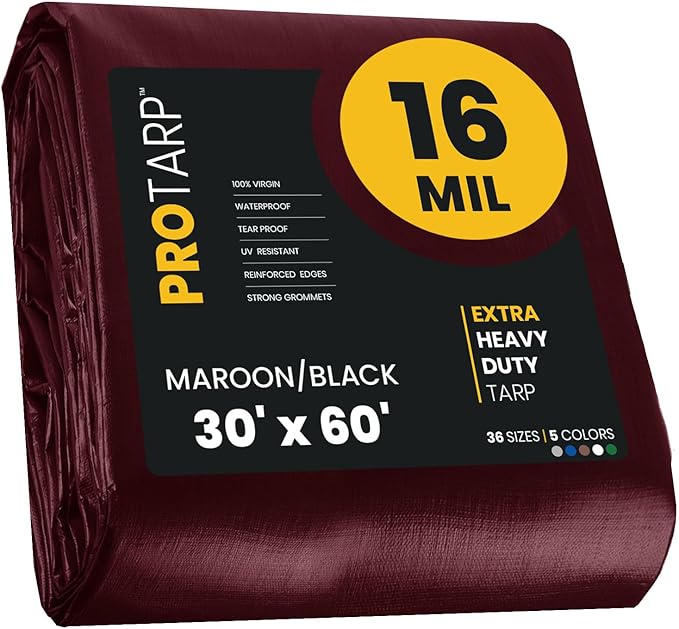 PROTARP Extra Heavy Duty 16 Mil Tarp Cover, Waterproof, UV Resistant, Rip and Tear Proof, Poly Tarpaulin with Reinforced Edges for Roof, Camping, Patio, Pool, Boat. (Maroon/Black 30′ X 60′)