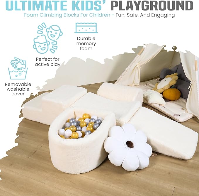 Foam Climbing Blocks - Climbing Toys for Toddlers 1-3 Inside - Soft Play Set for Babies - Indoor Activity Soft Playset for Baby 6-12 Months - Sherpa Fabric - 5 PCS - Balls NOT Included