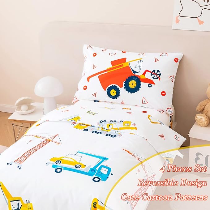 PERFEMET 4 Pieces Construction Toddler Bedding Set Excavator Truck Boy Toddler Bed in A Bag Colorful Reversible Cartoon Tractors White Crib Comforter Set for All Seasons(White, Truck/Tractor)