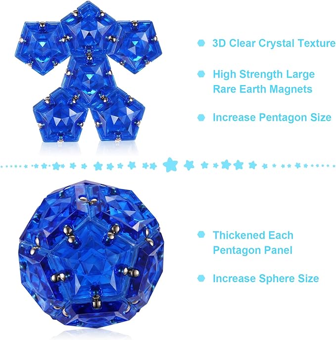 RoomyRoc Magnetic Fidget Sphere Magnets Balls - Crystal Diamond Blue - Magnet Fidgets Toy - 12 Piece Set - Creativity Beyond Imagination, Inspirational, Recreational, Desk Toys for Adults