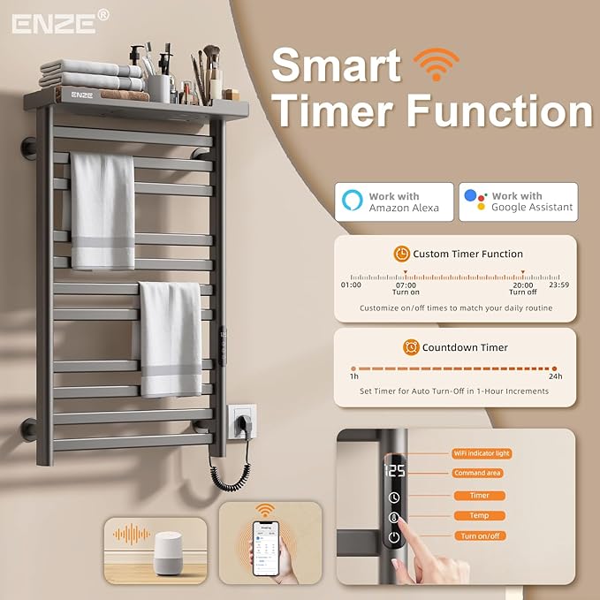 ENZE Heated Towel Rack with Shelf and Wi-Fi App Control, 11 Bars Electric Wall Mounted Towel Warmer with Timer & Adjustable Temperature, Low Carbon Steel, Plug-in/Hardwired, Gray