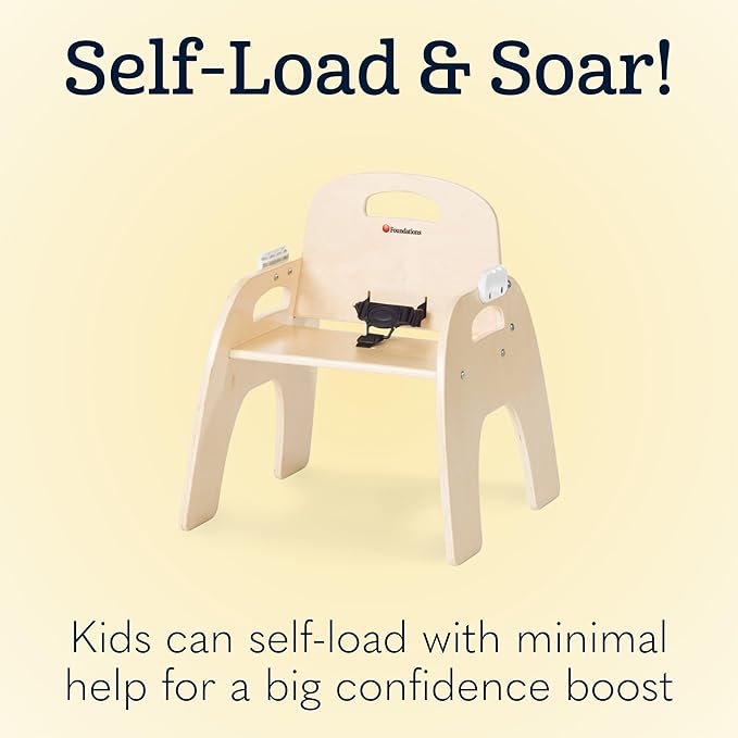 Foundations Easy Serve Low Wood Feeding Chairs Multipack, Adjustable Harness, Removable Dishwasher Safe Tray, No-Tip Base, Stackable Toddler Chairs, 2 Pack (13 inch)