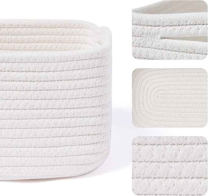 Small Storage Baskets for Organizing | Closet Organizer Bins | Shelf Toy Basket | Woven Rope Baskets | Cube Decorative Box | Shallow Basket | 13x8.5x5.1” | 3 Packs Off White