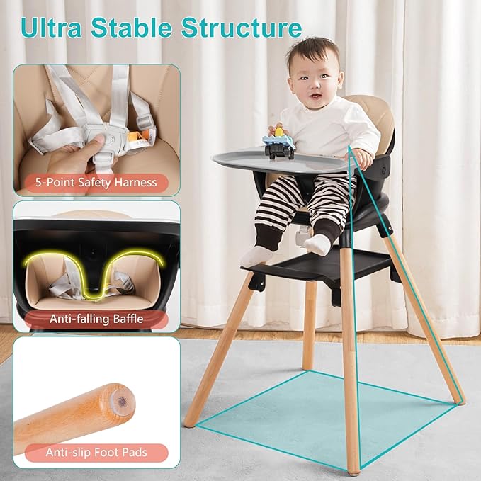 Baby High Chair, 6 in 1 Wooden Convertible High Chairs for Babies and Toddlers, Booster Seat with Double Tray & Reversible Footrest, 5-Point Harness Infants Feeding Seat, Black