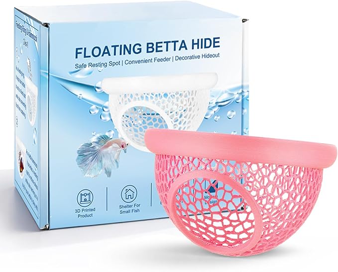 Pink Floating Betta Hide & Shrimp Cave – 3D Printed Aquarium Hammock, Feeding Ring & Resting Spot for Betta Fish, Shrimp & Small Fish (Eco-Safe PLA)