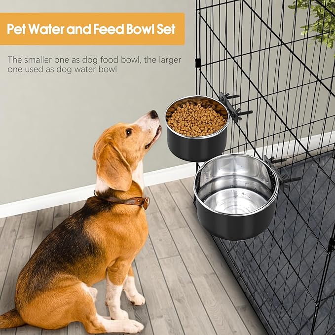 2 Pcs Black Large Pet Dog Food Water Bowl for Cage Stainless Steel Non-Spill Kennel Hanging Cats Bowls with Clamp Holder Crate Feeder Dish for Medium Large Dogs Huge Pets (7.1x3.5'' & 6.3x2.6'')