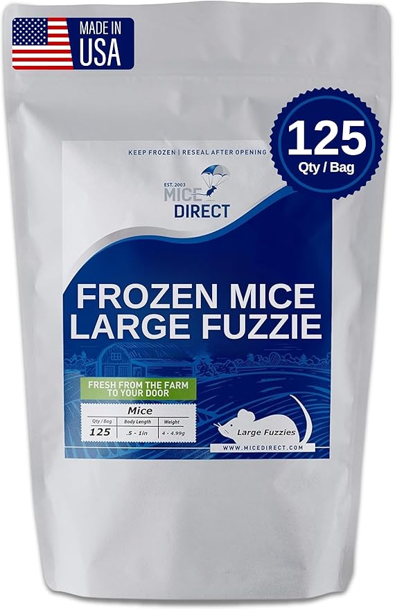 MiceDirect 125 Premium Frozen Mice Fuzzies Snake Food Feeders for Baby Ball Pythons Red Tail Boas Sub Adult Milks (Pack of 125)(1.5-2 in)(500 Grams Min)